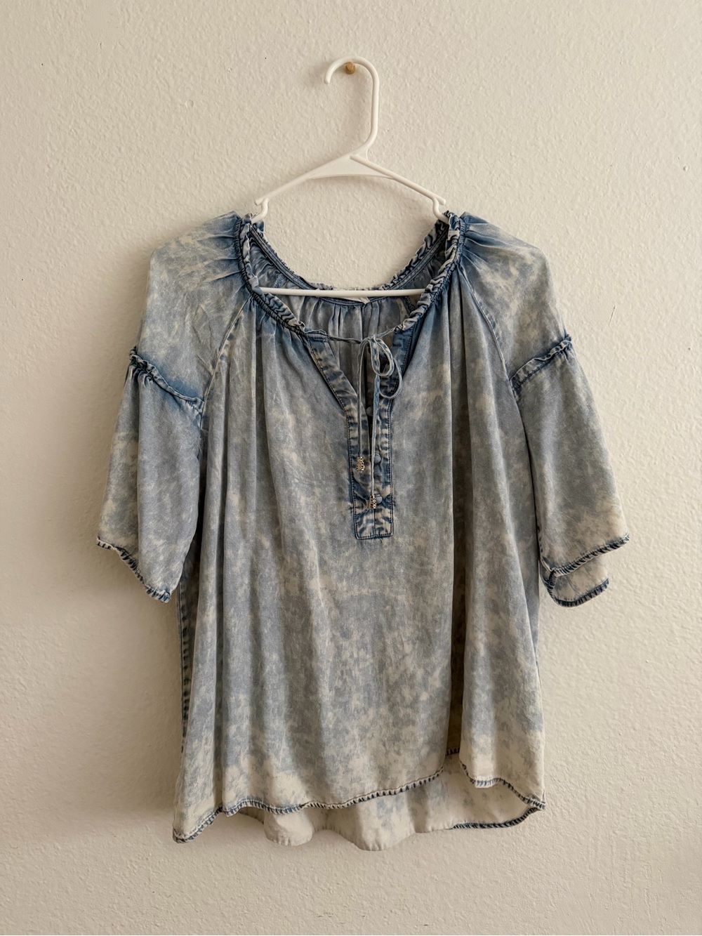 Washed Light Blue Peasant Blouse - Women's Top